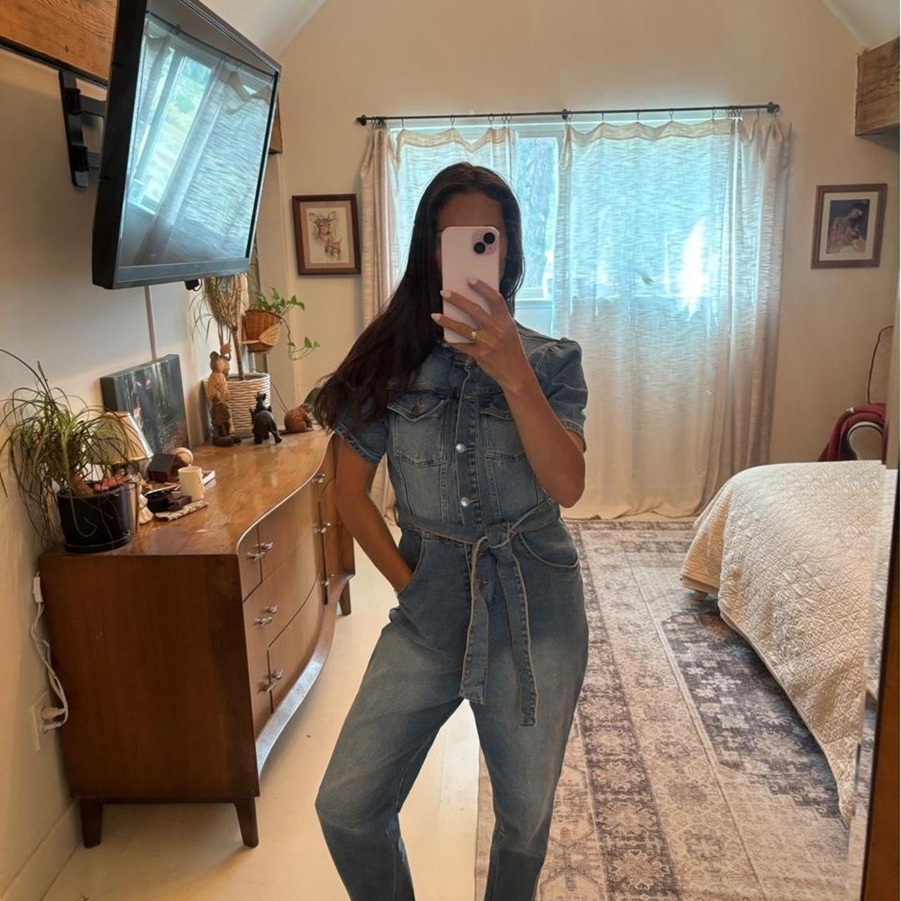 Denim Jumpsuit Medium Wash Puff Sleeve Belted Utility Romper 30